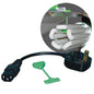 UK power cable with a green cable management clip and coiled cord