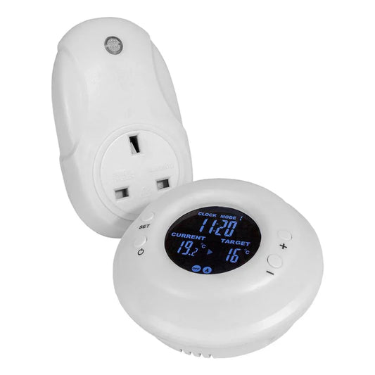 White digital temperature controller with UK plug socket and LCD display