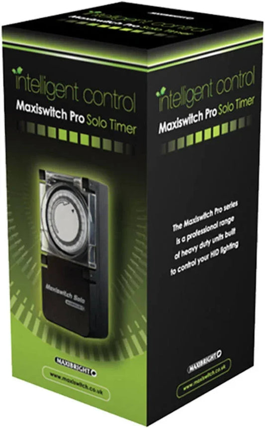 The Maxibright MaxiSwitch Solo Timer is a rugged plug-in mechanical timer built for horticultural use — simply insert it