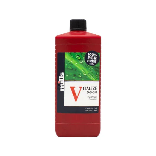 Mills Vitalize plant additive, a high-concentration silicic acid formula that strengthens plant immunity and boosts flowering.
