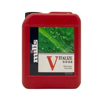 Mills Vitalize plant additive, a high-concentration silicic acid formula that strengthens plant immunity and boosts flowering.