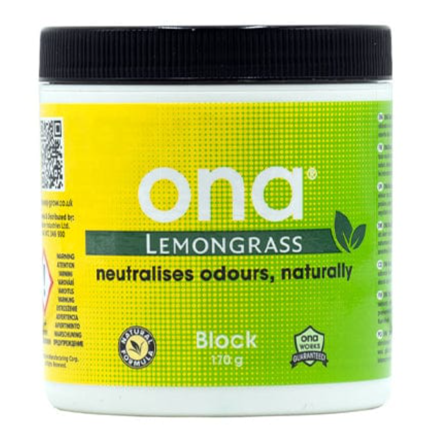 Ona Lemongrass block packaging with yellow and green design on a white background