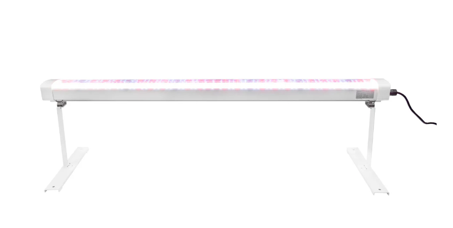 Long, narrow light fixture with colorful LED strip on a white background