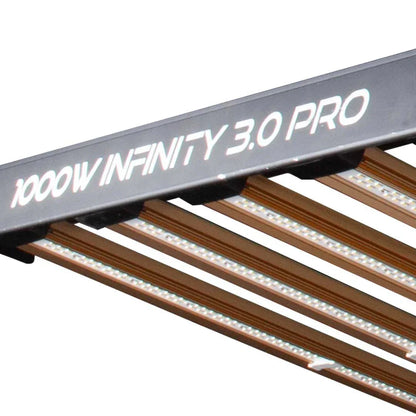 Omega Infinity 1000W 3.0 Pro LED grow light with a 10-bar design, 3099 µmol/s PPF and 3.0 µmol/J efficiency, IP65 rated.