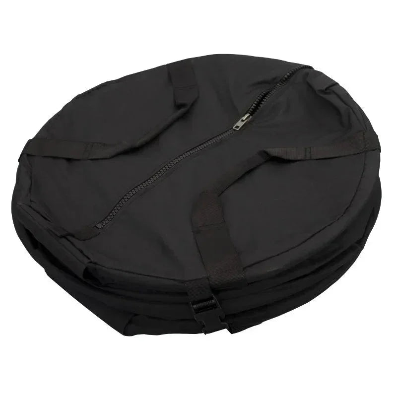 Black circular heavy-duty carrying case with handles and zipper