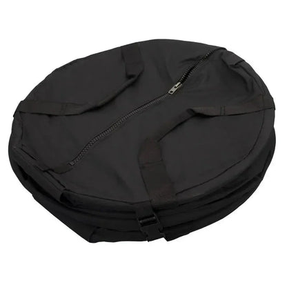 Black circular heavy-duty carrying case with handles and zipper