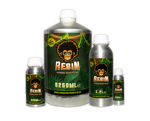 Collection of Resin Monkey Nutrients bottles on a white background