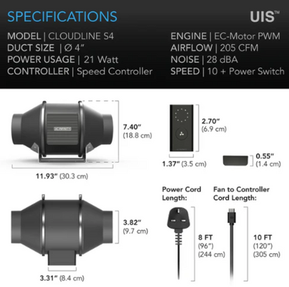 AC Infinity - S4 Pro Inline Duct Fan - Default Title - DiscountHydro.com - 78.99 - AC Infinity, Fans & Filters > Inline / Intake Fans