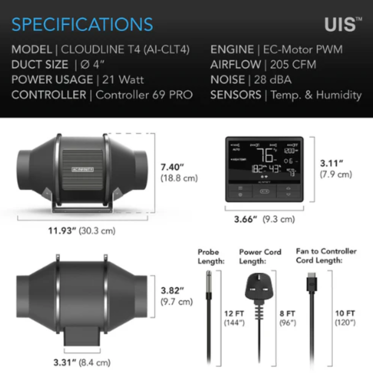 AC Infinity - Pro T4 - Default Title - DiscountHydro.com - 118.00 - AC Infinity, Fans & Filters > Fan Controllers, Fans & Filters > Inline / Intake Fans