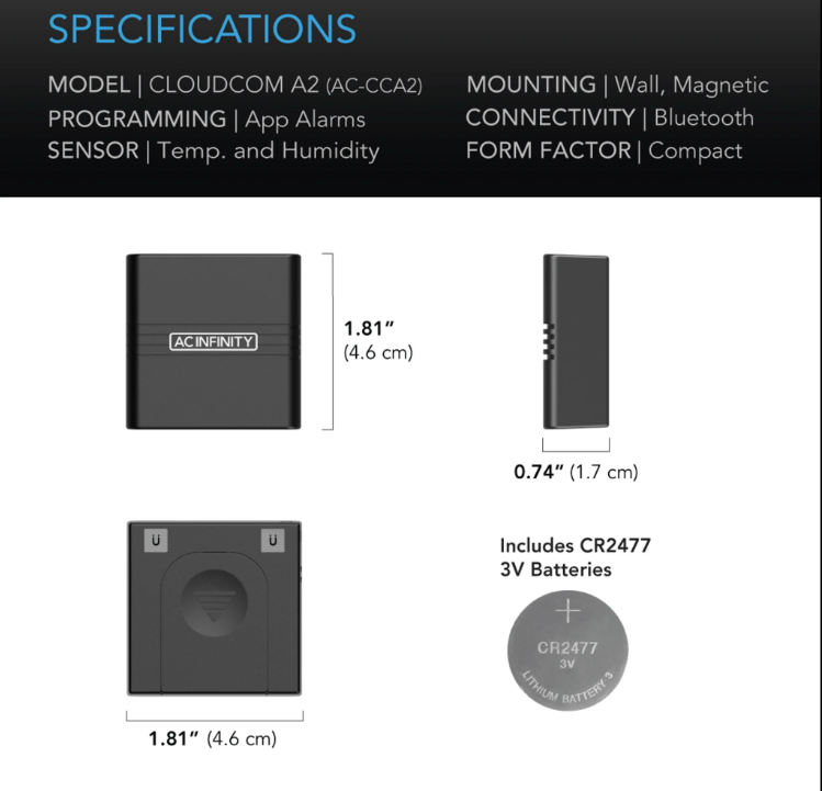 AC Infinity - Cloudcom A2 - Default Title - DiscountHydro.com - 14.99 - AC Infinity, Environment Control > Environment Controllers, Environment Control > Thermometers & Hygrometers