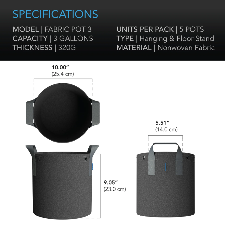 AC Infinity - Heavy Duty Fabric Post - 1 Gallon - DiscountHydro.com - 16.99 - AC Infinity, Pots & Trays > Plant Pots and Pouches