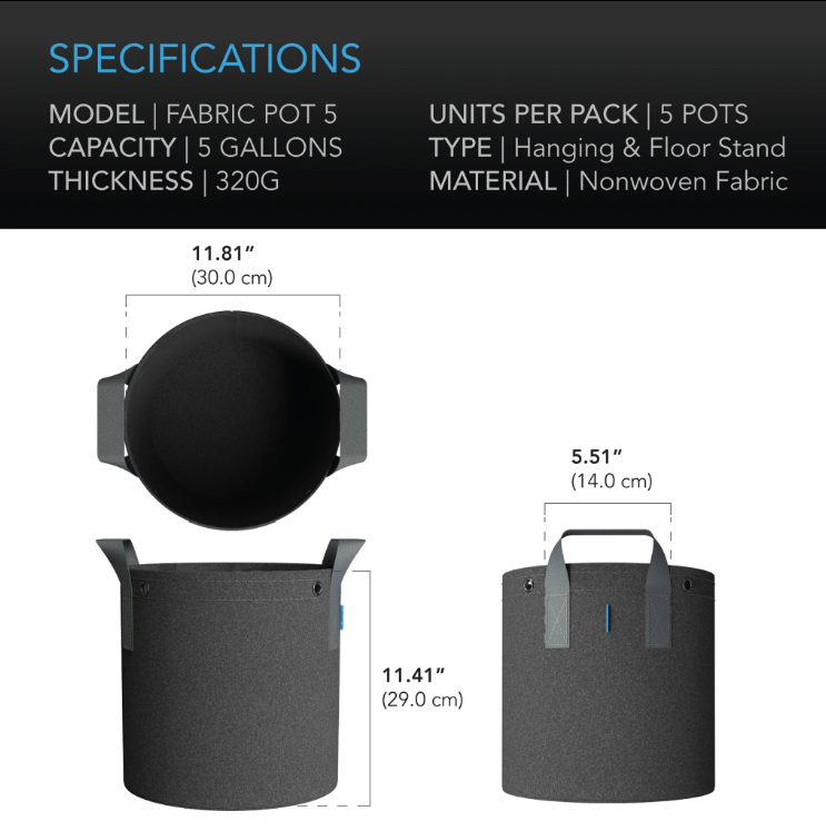 AC Infinity - Heavy Duty Fabric Post - 1 Gallon - DiscountHydro.com - 16.99 - AC Infinity, Pots & Trays > Plant Pots and Pouches
