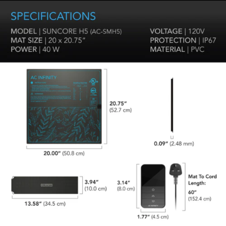AC Infinity - Seedling Heat Mats - Suncore H3 10 x 20.75 Inch - DiscountHydro.com - 22.99 - AC Infinity, Environment Control > Heaters, Germination, Grow Media > Propagation