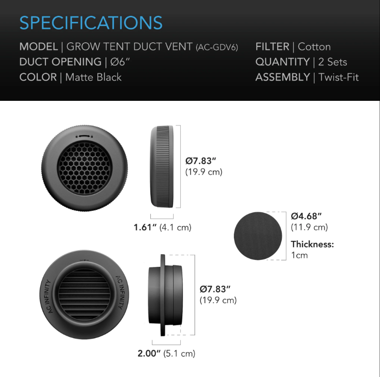Grow Tent Duct Vent Attachment - 6 inch 2 Pack - DiscountHydro.com - 33.99 - AC Infinity, Grow Tent