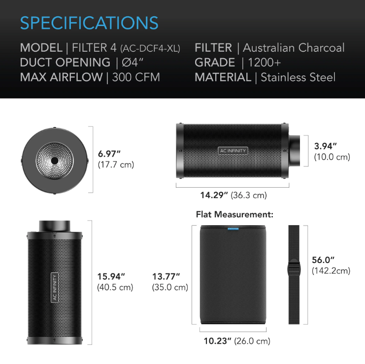 XL Carbon Filters - 4 inch = 509 m3/hour - DiscountHydro.com - 63.99 - AC Infinity, Fans & Filters > Carbon Filters