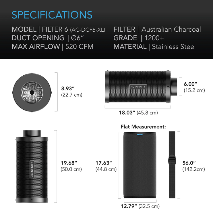 XL Carbon Filters - 4 inch = 509 m3/hour - DiscountHydro.com - 63.99 - AC Infinity, Fans & Filters > Carbon Filters