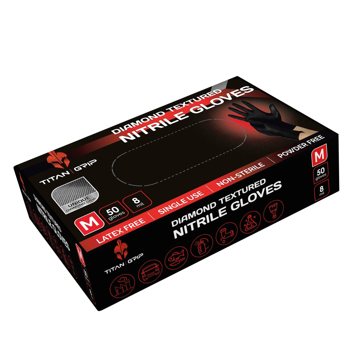 Titan Grip Diamond Textured Black Nitrile Gloves These thick black nitrile gloves have a diamond textured surface for strong