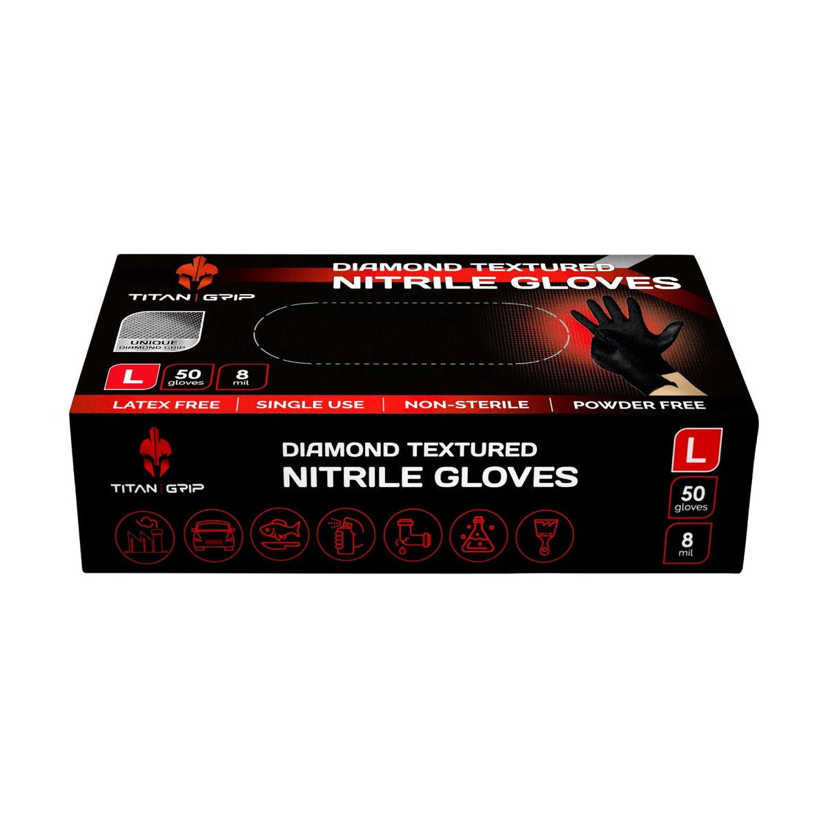 Titan Grip Diamond Textured Black Nitrile Gloves These thick black nitrile gloves have a diamond textured surface for strong