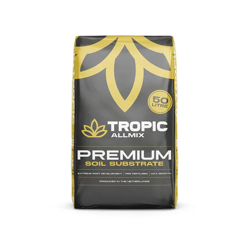 Tropic Allmix Premium, organic potting soil pre-fertilized with organic nutrients. This ready-to-use soil blend is designed