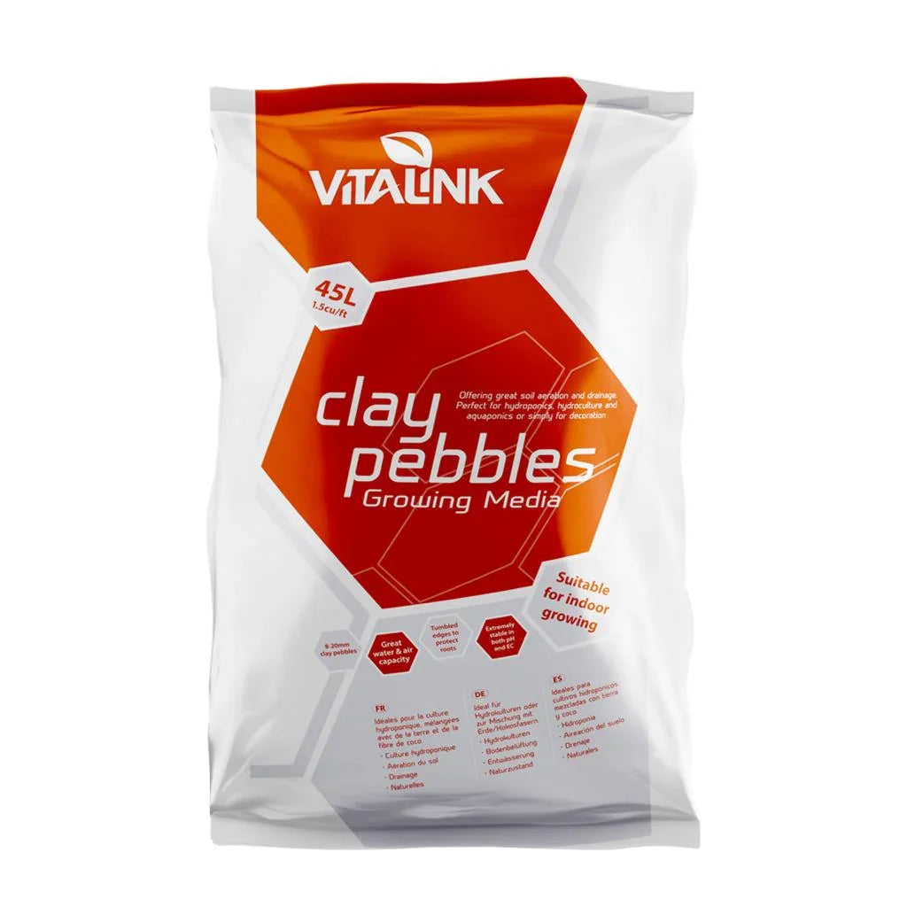 Vitalink Clay Pebbles 45L Totally inert = stable EC and pH Unique irregular shape and porosity which increases their surface