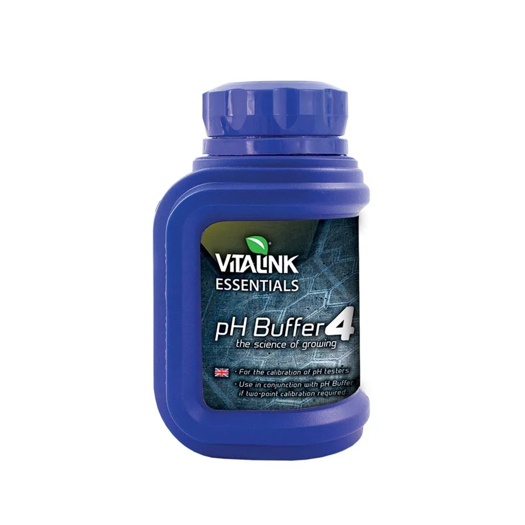 Vitalink Essentials pH Buffer 4 calibration solution for pH testers in a blue bottle