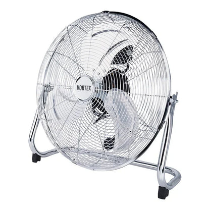 Vortex metal floor fan with 3-speed control and a steel U-shape stand, available in 9, 12 and 18 inch sizes.