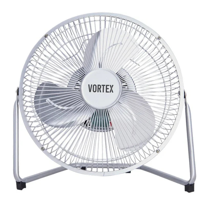 Vortex metal floor fan with 3-speed control and a steel U-shape stand, available in 9, 12 and 18 inch sizes.