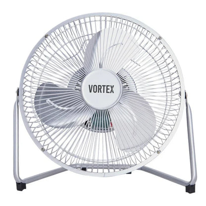 Vortex metal floor fan with 3-speed control and a steel U-shape stand, available in 9, 12 and 18 inch sizes.