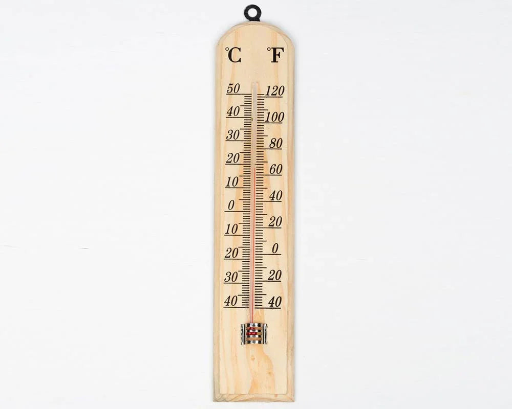 Wooden analog thermometer with Celsius and Fahrenheit scales for grow room monitoring