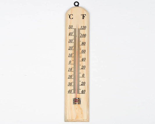 Wooden analog thermometer with Celsius and Fahrenheit scales for grow room monitoring