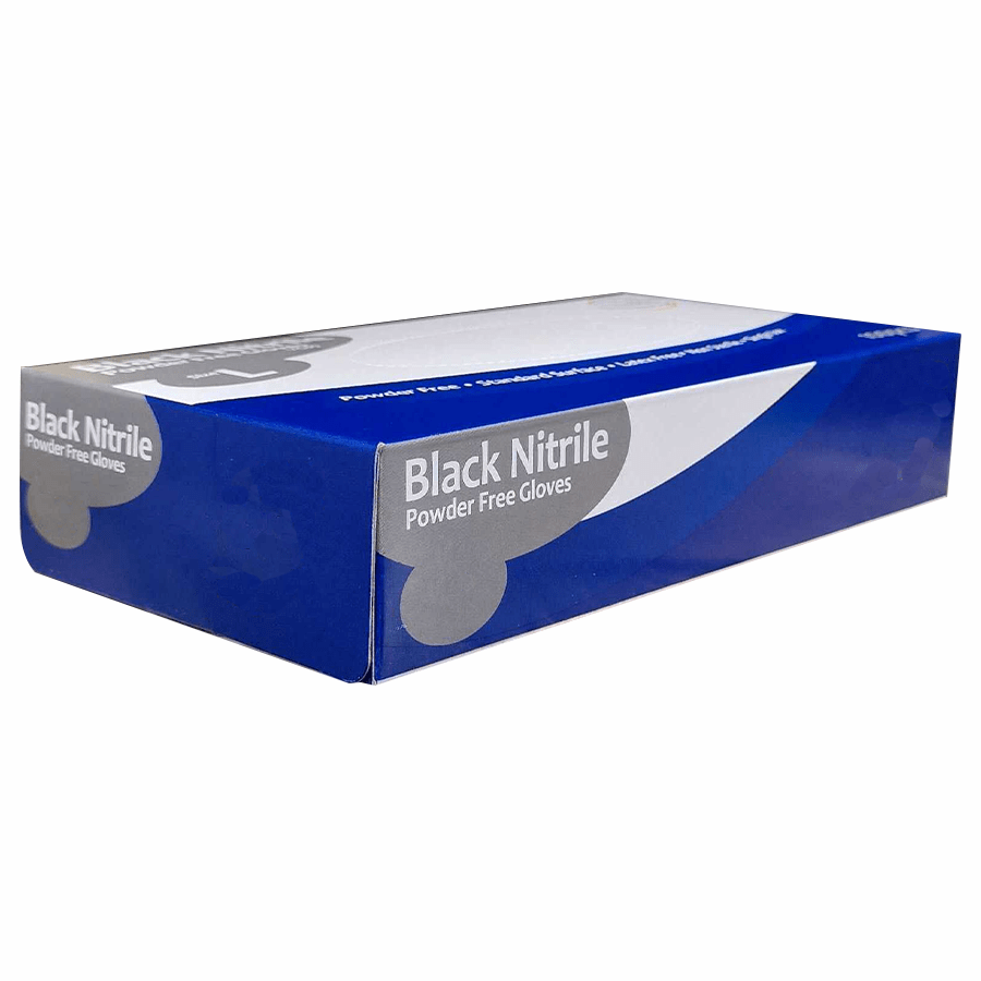 Box of black nitrile gloves on a white background
