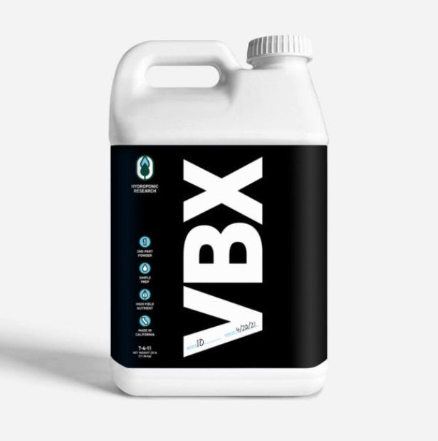 White container with black label featuring 'VBX' on a white background