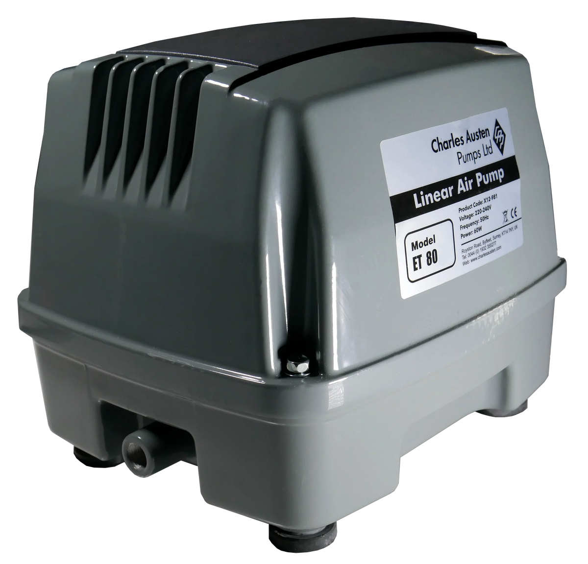 Enviro ET Series air pump, a robust weatherproof unit with energy-efficient green drive technology for high water aeration flow.