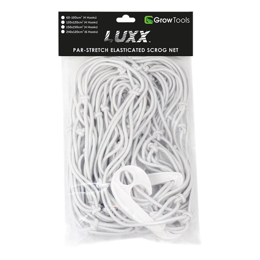 Packaged white scrog net with Luxx branding on a white background
