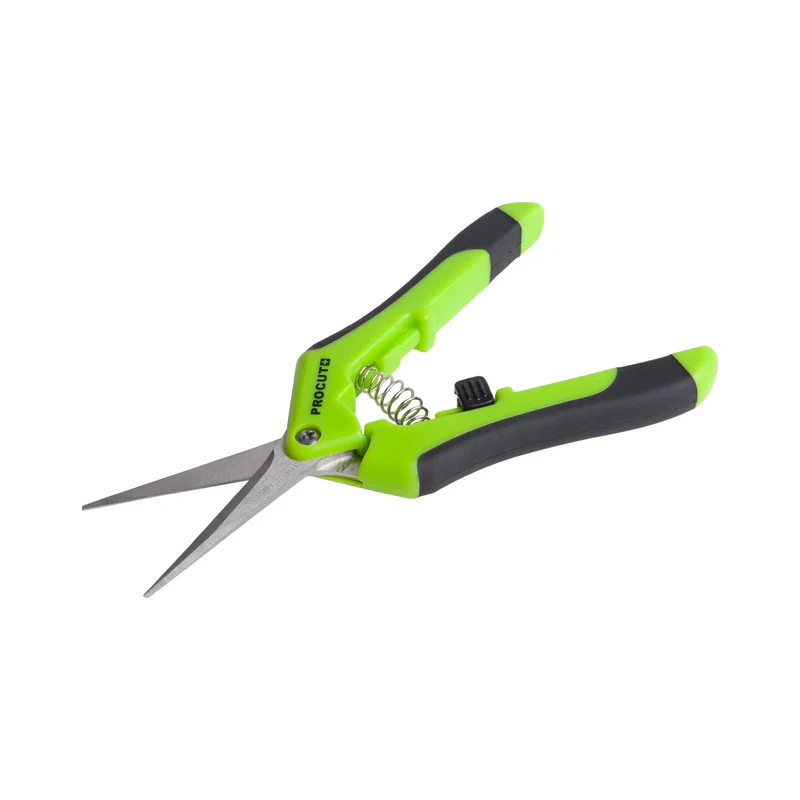 Green and black pruning shears on a white background