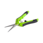 Green and black pruning shears on a white background