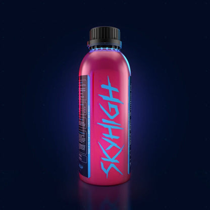 Pink bottle with 'SKYY HIGH' text on a black background