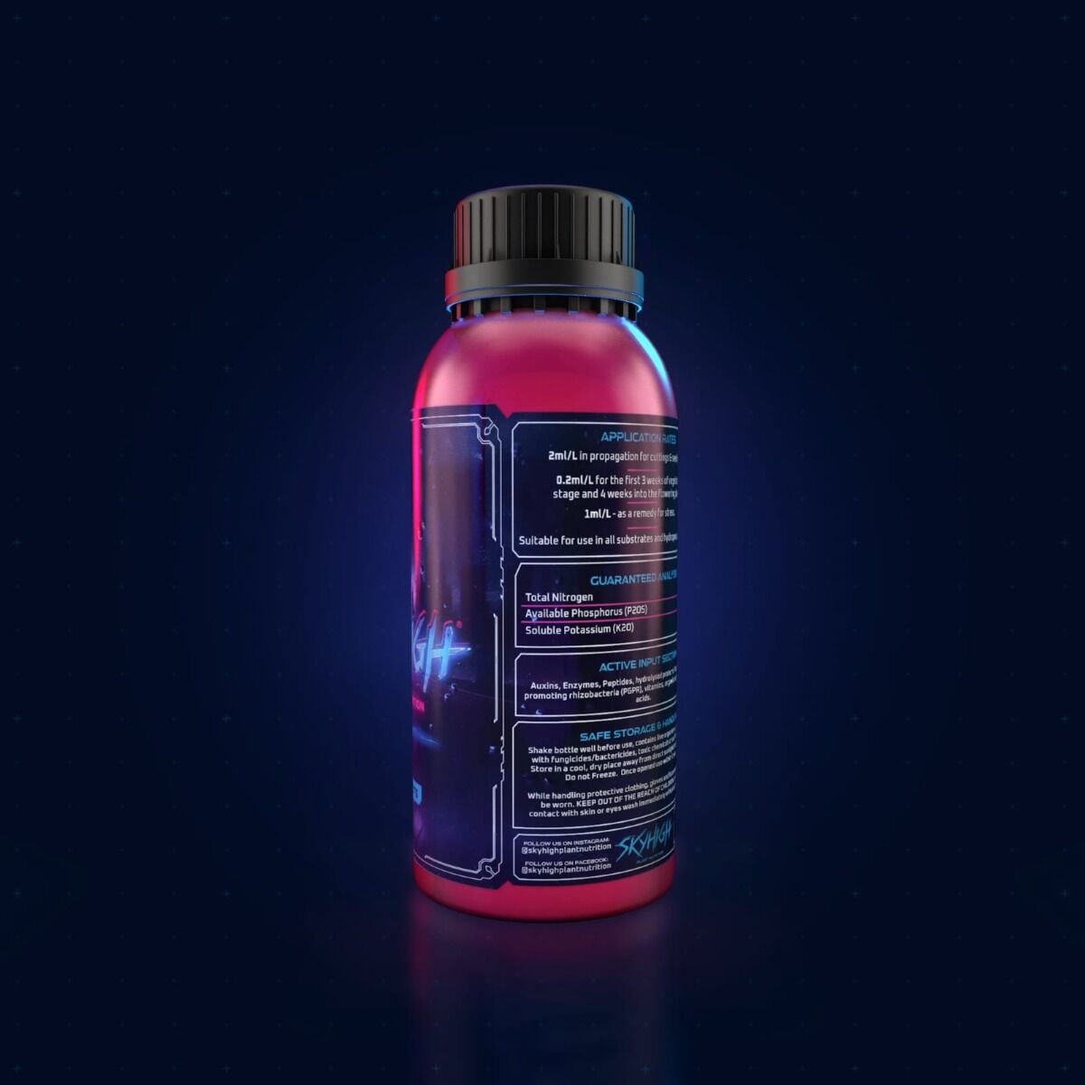 Bottle with a dark blue label on a black background