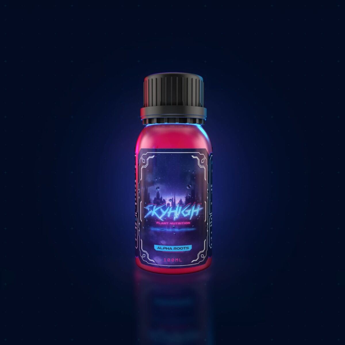 Bottle of SkyHigh plant nutrition on a dark background