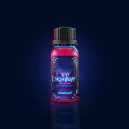Bottle of SkyHigh plant nutrition on a dark background