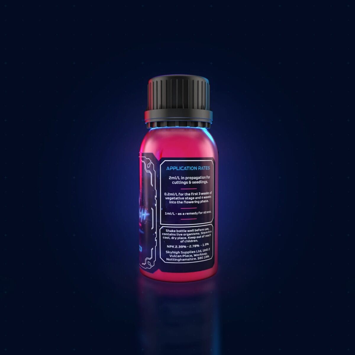 Bottle with a glowing pink liquid on a dark background