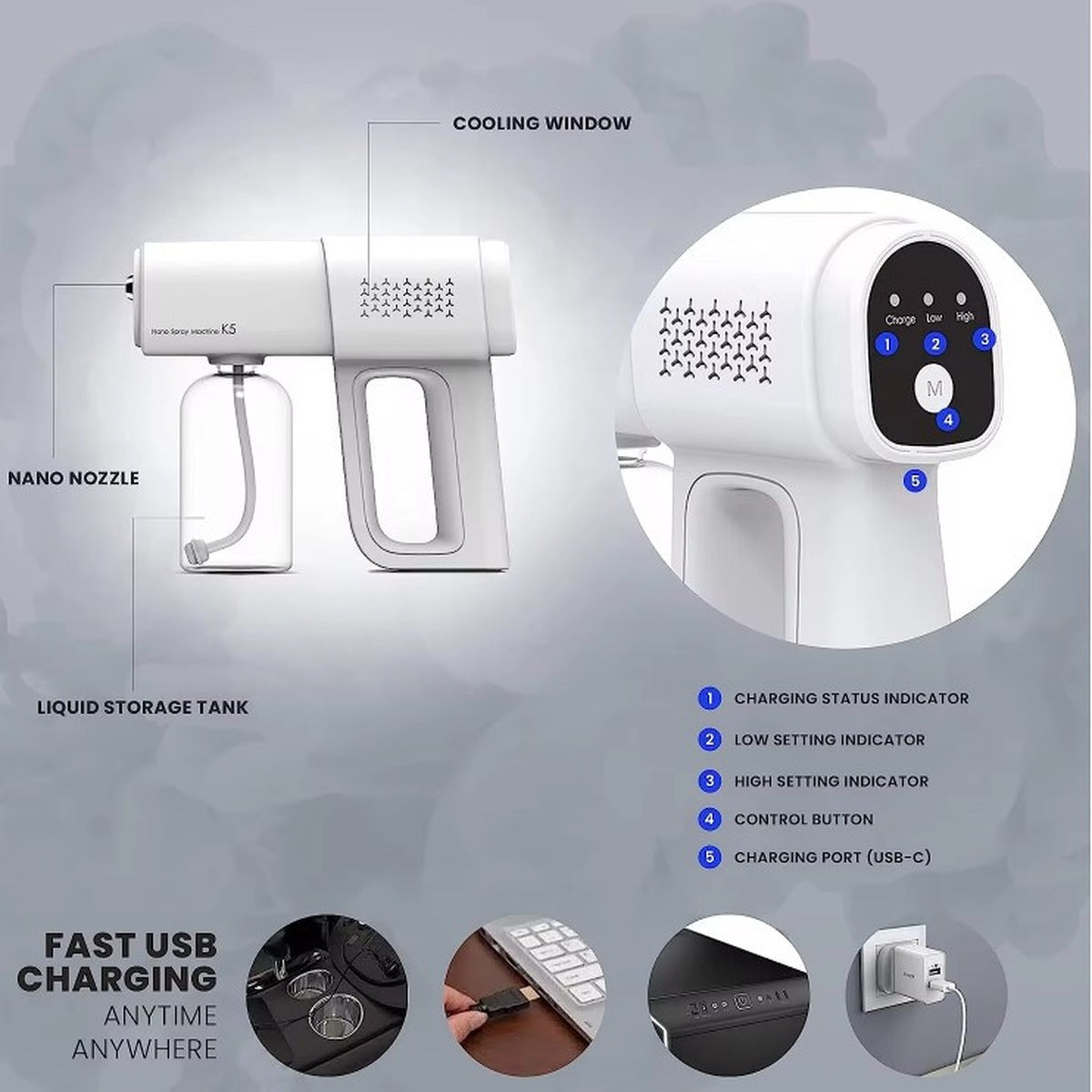 Cordless Nano Fogging Spray Gun - Rechargeable Electrostatic Sprayer