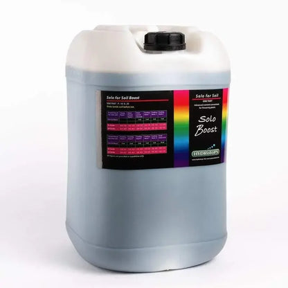 Hydrotops Solo Boost nutrient solution for soil in a large white plastic container