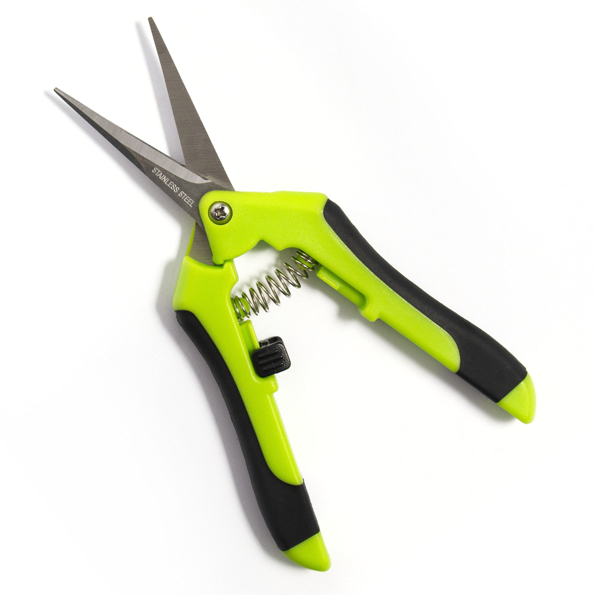 Gardening shears with green and black handles on a white background