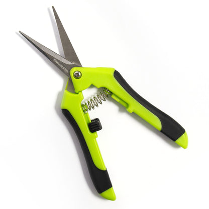 Gardening shears with green and black handles on a white background
